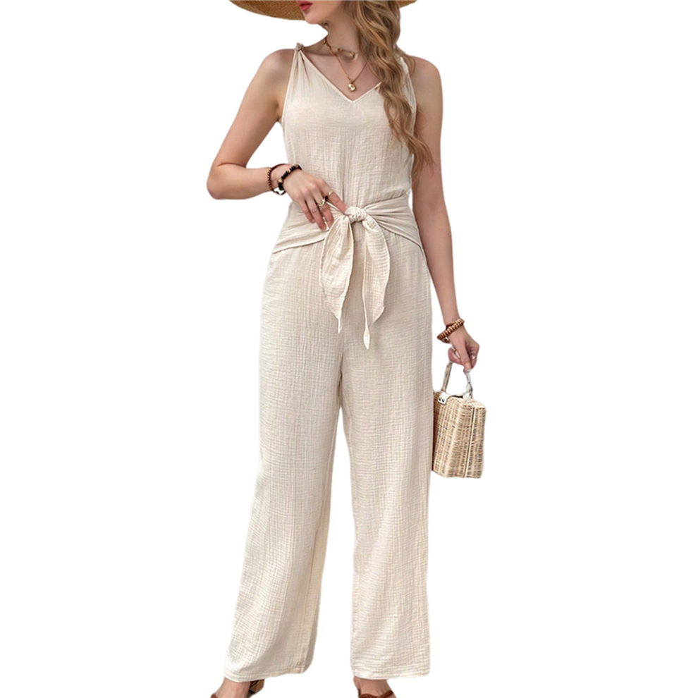 (M, Apricot) Women Floral Summer Maxi Jumpsuit with Pocket Mock Neck Elastic Waist Wide Leg Wedding Casual Dressy S-image-OPC-PHNXR6P-NEW