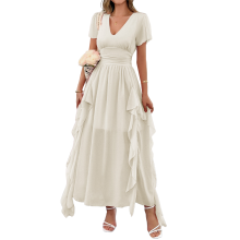 (M, Apricot) Women'S Casual Summer V Neck Flutter Ruffle Short Sleeve Irregular Hem High Waist Flowy Midi Dresses S