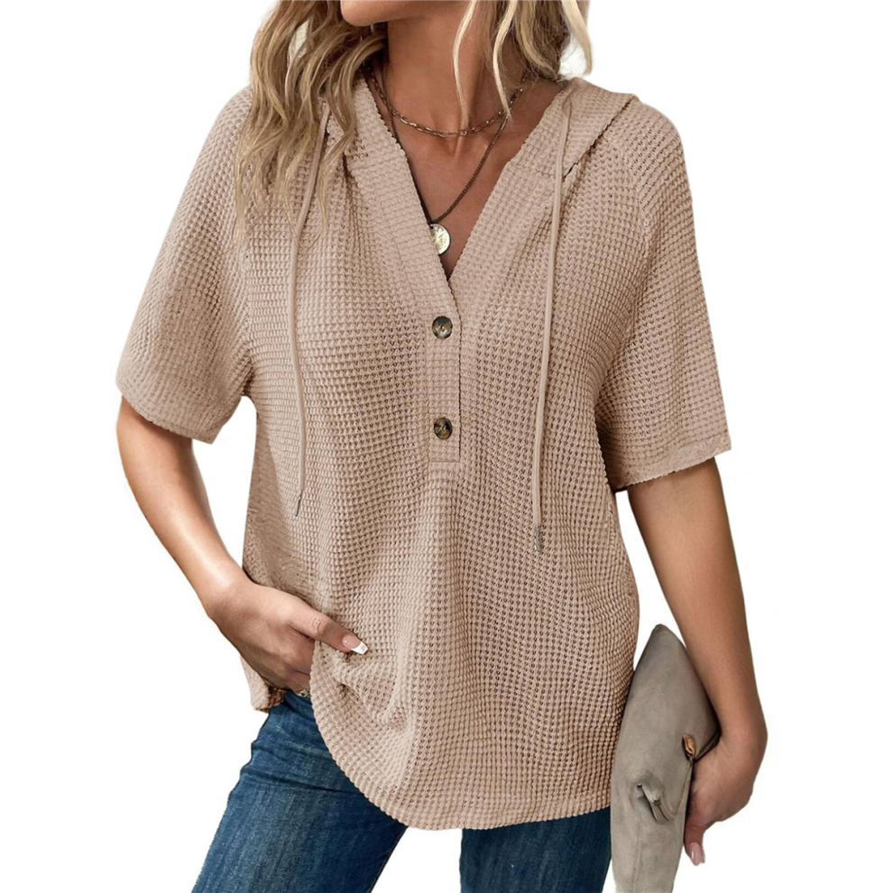 (M, Apricot) Womens Summer Tops Waffle Knit Short Sleeve Drawstring Hoodies Button V Neck Casual Blouses Shirts S
