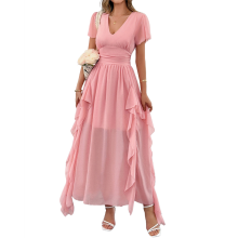 (M, Pink) Women'S Casual Summer V Neck Flutter Ruffle Short Sleeve Irregular Hem High Waist Flowy Midi Dresses S