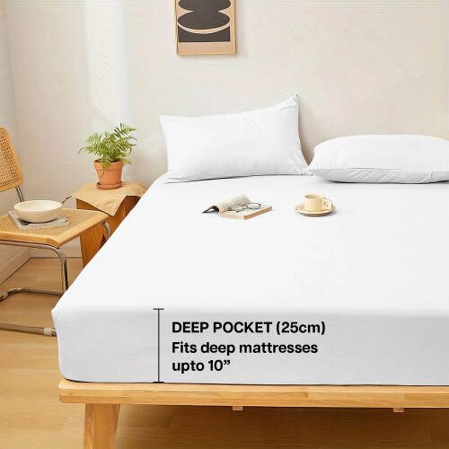 (White, Double (137 x 190 cm)) Fitted Sheet Bed Sheets Extra Deep 25CM Single Double King Sizes