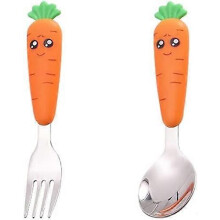 (As show, One size) 2 Pieces Kids Stainless Steel Cutlery Set,Stainless Steel Kids Cutlery Set, Fork and Spoon for Child Baby Home School Use(Round Handle, Carrot)