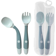 (As show, One size) 2pcs Infant Training Spoon And Fork, Flexible And Heat Resistant Easy To Grip Learning Spoon, Fork For Kids (Blue)