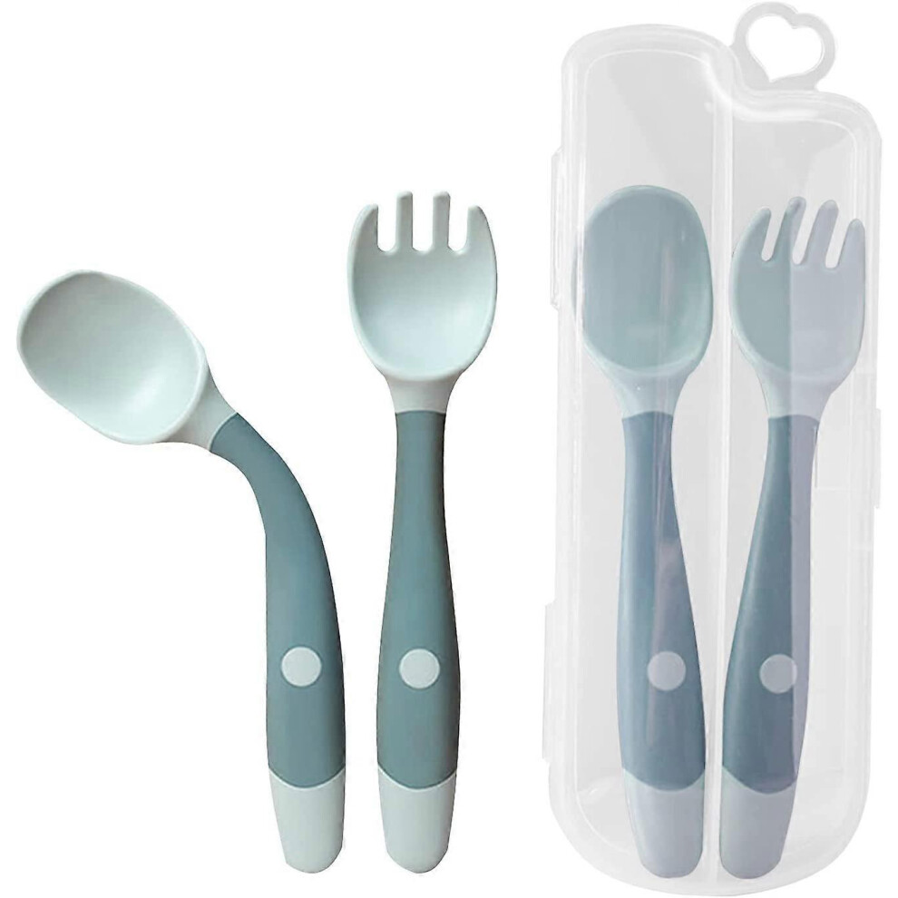 (As show, One size) 2pcs Infant Training Spoon And Fork, Flexible And Heat Resistant Easy To Grip Learning Spoon, Fork For Kids (Blue)
