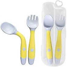 (As show, One size) 2pcs Infant Training Spoon And Fork, Flexible And Heat Resistant Easy To Grip Learning Spoon, Fork For Kids (yellow)