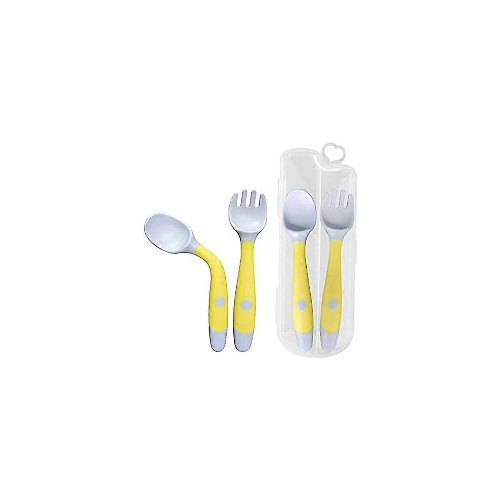 (As show, One size) 2pcs Infant Training Spoon And Fork, Flexible And Heat Resistant Easy To Grip Learning Spoon, Fork For Kids (yellow)