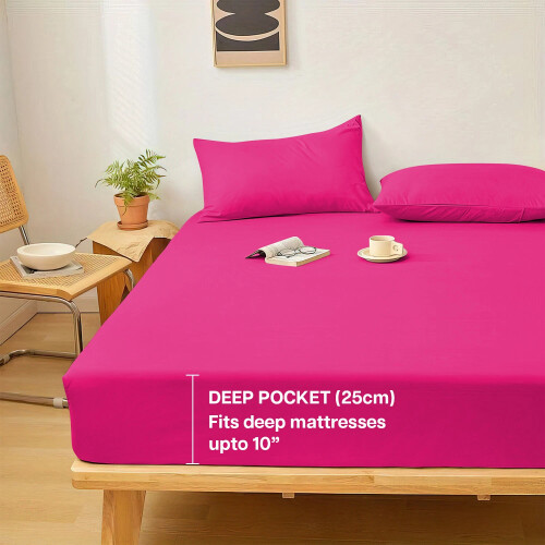(Pink, Double (137 x 190 cm)) Fitted Sheet Bed Sheets Extra Deep 25CM Single Double King Sizes
