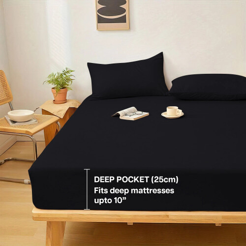 (Black, Double (137 x 190 cm)) Fitted Sheet Bed Sheets Extra Deep 25CM Single Double King Sizes