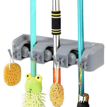 (As show, One size) Broom Mop Rack Organiser 25.8*6*6cm, wall mounted organiser with 4 hooks in 3 positions, suitable for storing brush mops and broom tools.
