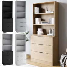 (60cm, Oak Drawers & Oak Bookcase) 60/80cm 3 Drawer Tier Wooden Storage Chest Cabinet & Display Bookcase Shelving