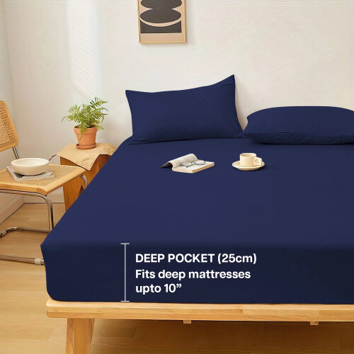 (Navy Blue, Double (137 x 190 cm)) Fitted Sheet Bed Sheets Extra Deep 25CM Single Double King Sizes