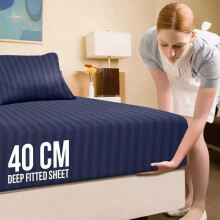 (Navy, Double 137 x 190 cm) 2 Stripe Fitted Sheets Set - Extra Deep 40cm - Super Soft and Durable - Ideal for All Bed Sizes