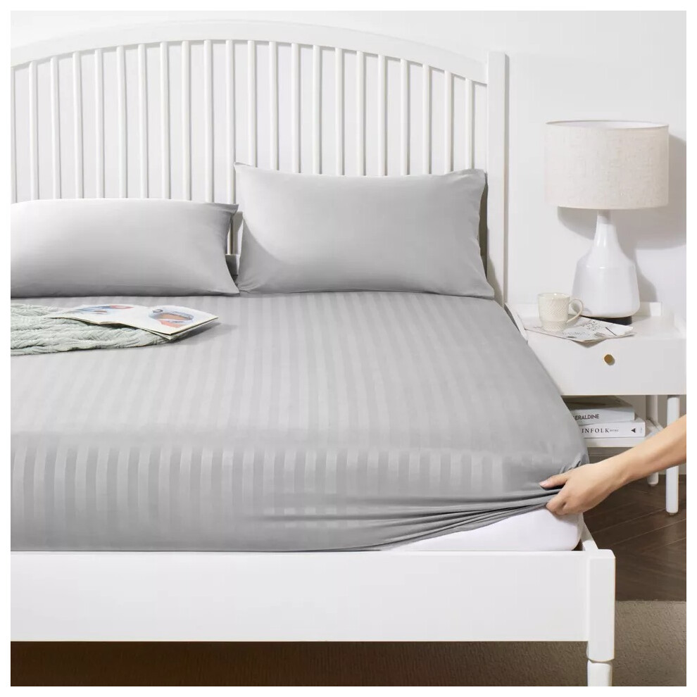 (Silver, Double 137 x 190 cm) 2 Stripe Fitted Sheets Set - Extra Deep 40cm - Super Soft and Durable - Ideal for All Bed Sizes-image-OPC-PHJ5G68-NEW