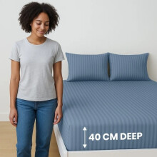 (Washed Blue, King 152 x 200 cm) 2 Stripe Fitted Sheets Set - Extra Deep 40cm - Super Soft and Durable - Ideal for All Bed Sizes