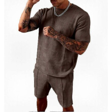 (L, brown) Men's 2-Piece Activewear Set, Breathable T-Shirt and Shorts for Sports