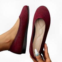 (36, Win red) Women's Breathable Knit Round Toe Flat Comfortable Casual Slip-On Shoes