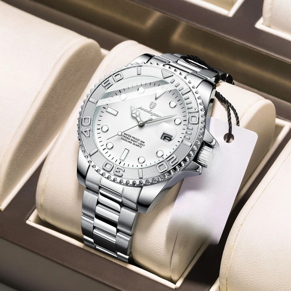 (Steel Silver White Face) Luxury Men's Watches Stainless Steel Quartz Watch Waterproof Luminous Wristwatch Hot-image-OPC-PHNY9YX-NEW