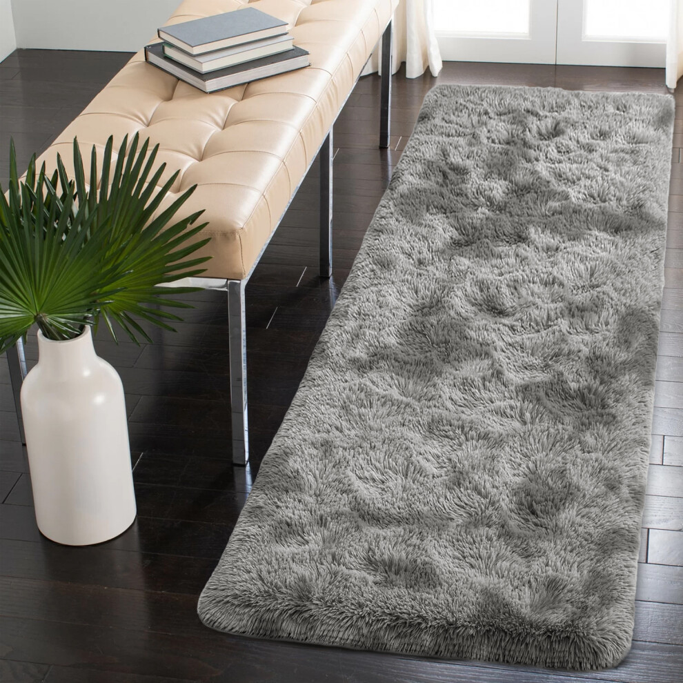 Yorkshire Bedding (Tye Dye 60Cm X 220Cm (2Ft X 7Ft 3")_Runner.) Extra Large Shaggy Rugs Nonslip Grey Black Soft Fluffy Living Room Bedroom Carpets Kitchen Hallw Silver