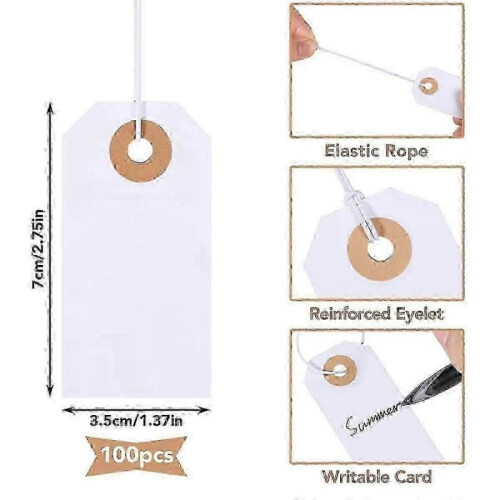 100 Pack Blank Hang Tags with Elastic String Reinforced Writable Tags 2.75x1.37 Inch 1