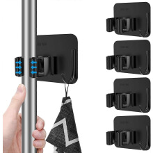 (As show, One size) 4 mop and broom holders (black), stainless steel no-drill mop holder wall mounted with hook pendant, mop and broom organiser for bathroom, office, kit