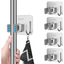 (As show, One size) 4 mop and broom holders (grey), stainless steel no-drill mop holder wall mounted with hook pendant, mop and broom organiser for bathroom, office, kitc
