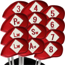(As show, One size) Golf Club Cover Iron Hat Cover Protective Cover Luxury PU Leather 12 Piece Set (Red and White), Golf Club Cover Cover Head Cover, Men and Women Easy N