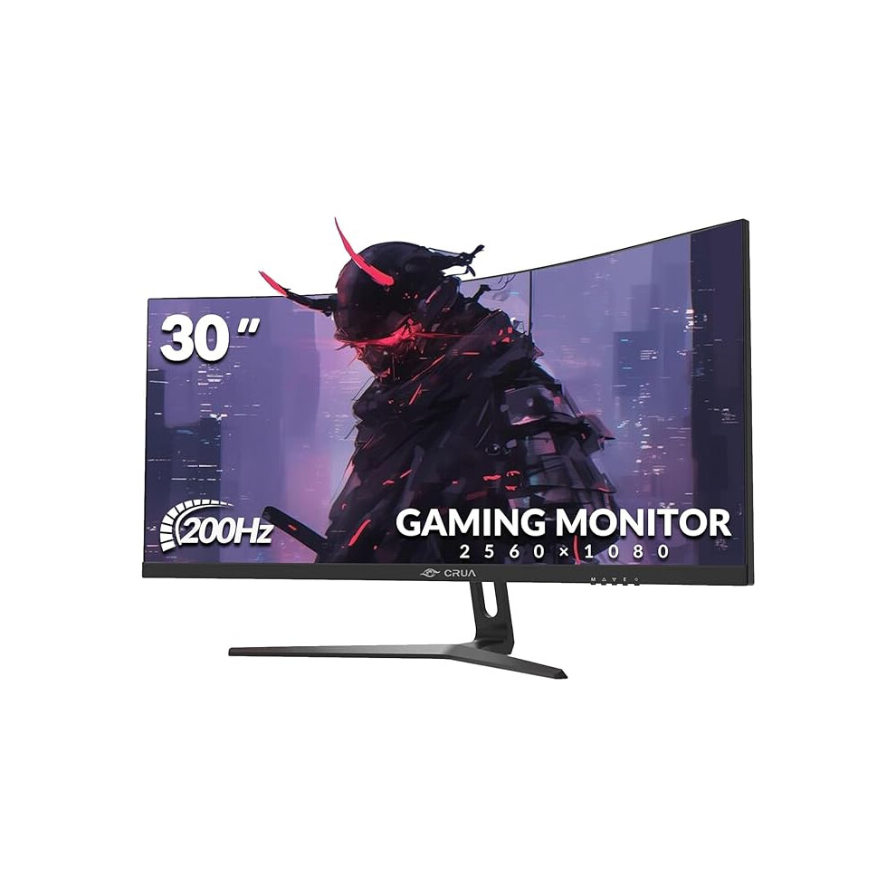 Crua 30 Inch Curved Gaming Monitor, Ultra-Wide Wfhd 2560×1080, 200Hz/144Hz, 0.5Ms, 1500R Va Panel, 120% Srgb, Amd Freesync, Hdmi & Dp, Wall Mountable