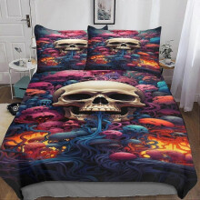 3 Piece Duvet Cover Set with Soft Microfiber, Easy Care Floral Skull Design, Zipper Closure Quilt Cover and Pillow Cases