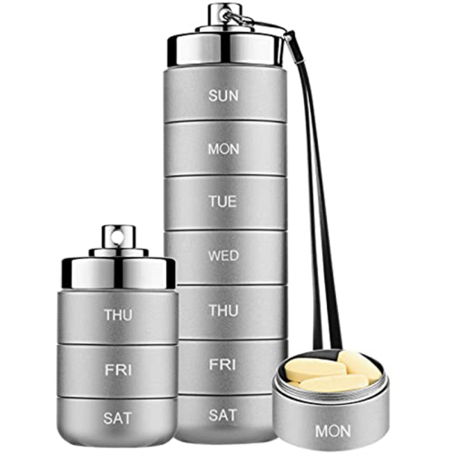 Metal Pill Organizer Weekly,Stackable Waterproof Travel Box,Pill Case Container,7 Day Daily Medicine Grey