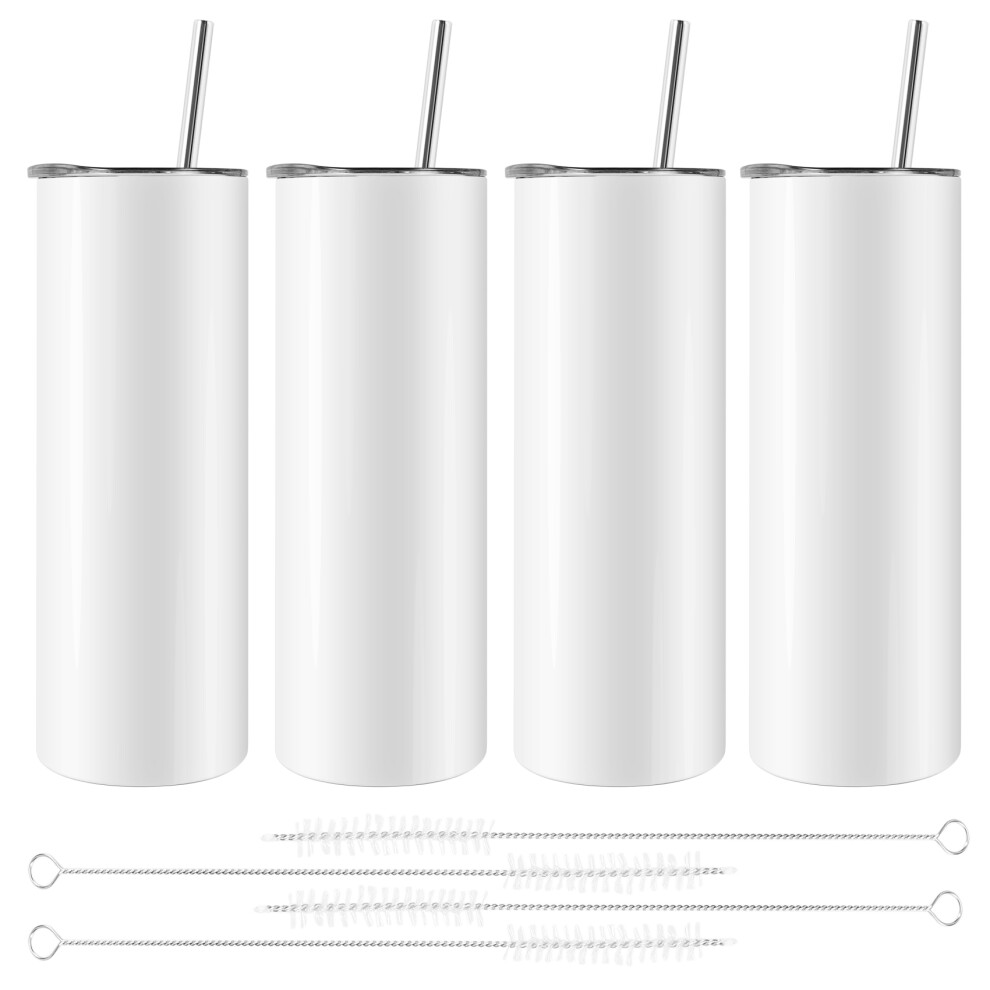Semoic Sublimation Tumblers 20 Oz Skinny Straight,Stainless Steel Blanks Tumbler,With Lid And Straw,4 Pack