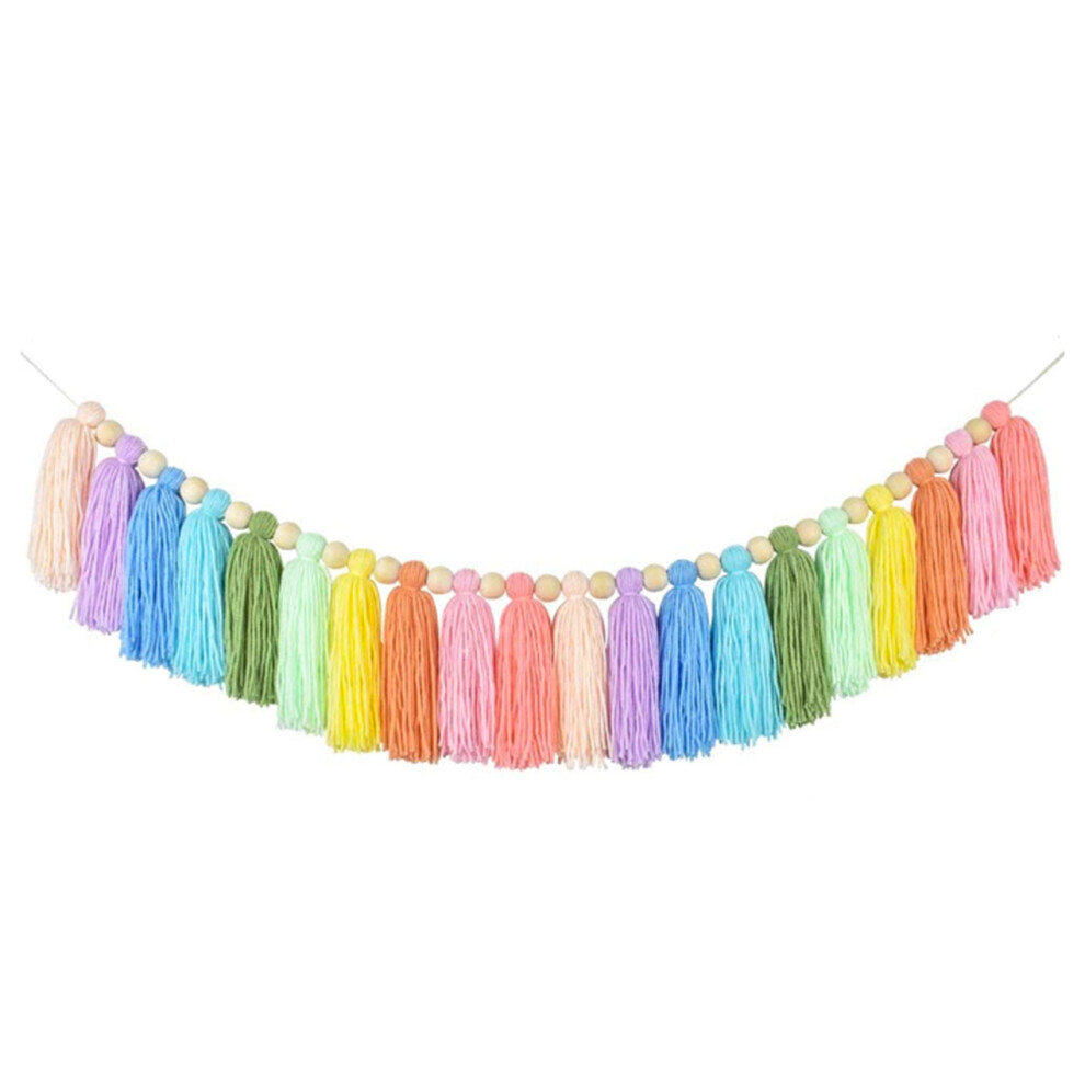 Ghirlanda Di Nappe Arcobaleno Pastello Da 37 Pollici Con Perline Di Legno, Arazzo Colorato Per Camera Da Letto, Parete, Aula, Asilo Nido-image