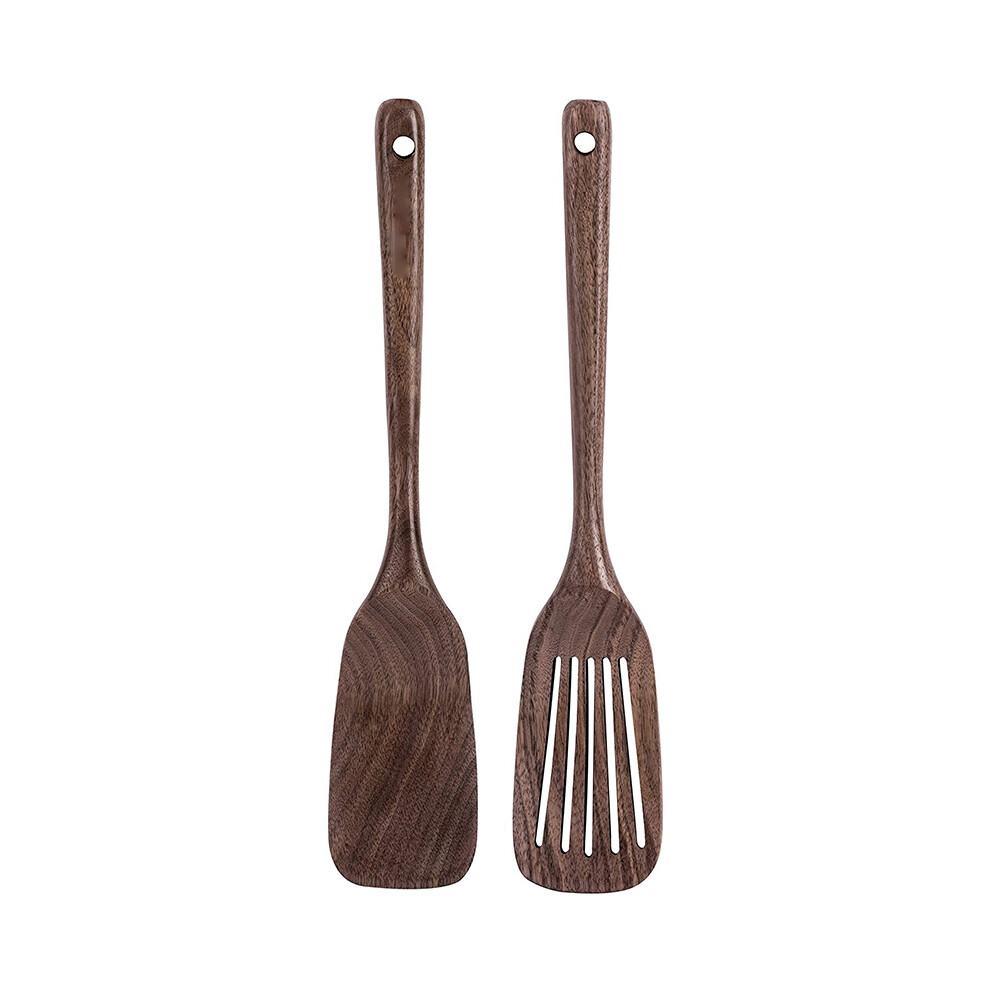 Spatule en bois et spatule ajourée pour la cuisine, ustensile de cuisine antiadhésif en noyer noir à long manche et spatule ajourée