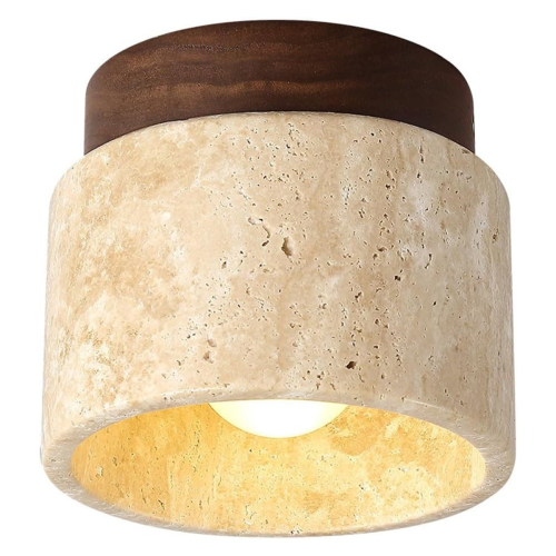 Lampada da soffitto moderna in travertino giallo e legno, attacco E27, luce bianca 1