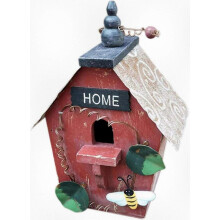 Vintage-Style Hanging Wooden Bird Feeder with Metallic Red Roof