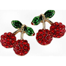 Women's Cherry Stud Earrings - Ultra Light Design - Lead and Nickel Free Materials - Enamel & Crystals - Suitable for Cherry Fruit Charm Pie