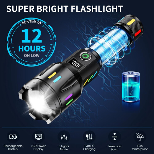 Rechargeable LED Hand Torch, Emergency Flashlight with Battery Indicator(Black) 1