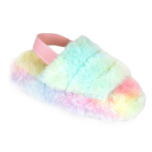 (9/10 UK Child, Rainbow) Kids Fuzzy Quilted Faux Fur Slippers with Strap