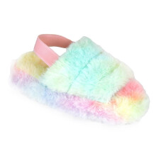 (11/12 UK Child, Rainbow) Kids Fuzzy Quilted Faux Fur Slippers with Strap