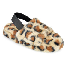 (9/10 UK Child, Leopard) Kids Fuzzy Quilted Faux Fur Slippers with Strap