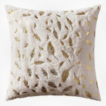 Luxury Faux Fur Pillow Covers with Golden Feather and Leaf Design for Home Decor.