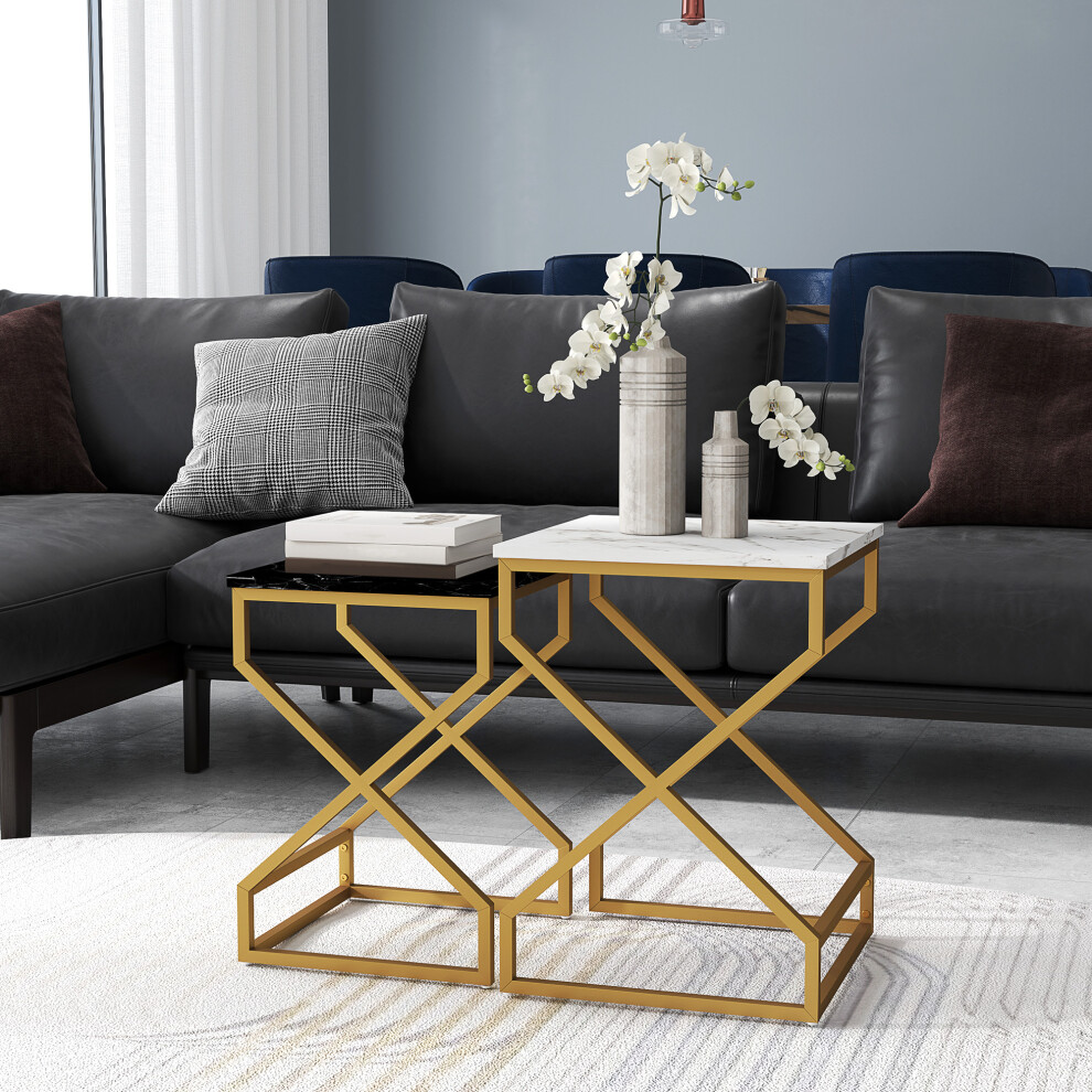 Homcom Unisex Multicolor Nest Of Tables, Coffee Table Set With Steel Frame Black/White | : Size 2 Pack - Image 2