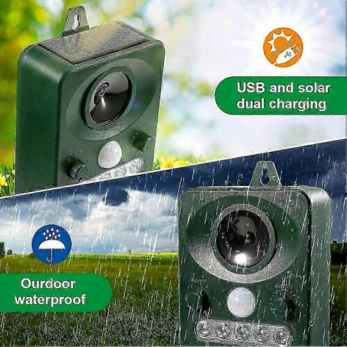 Solar/USB Powered Waterproof Ultrasonic Animal Deterrent, Adjustable Frequency Pet Repellent Device. 1