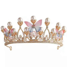 (As show, One size) Girl butterfly pearl crown headwear, crystal children's jewelry, stage performance dress accessories, butterfly crown, banquet party decoration