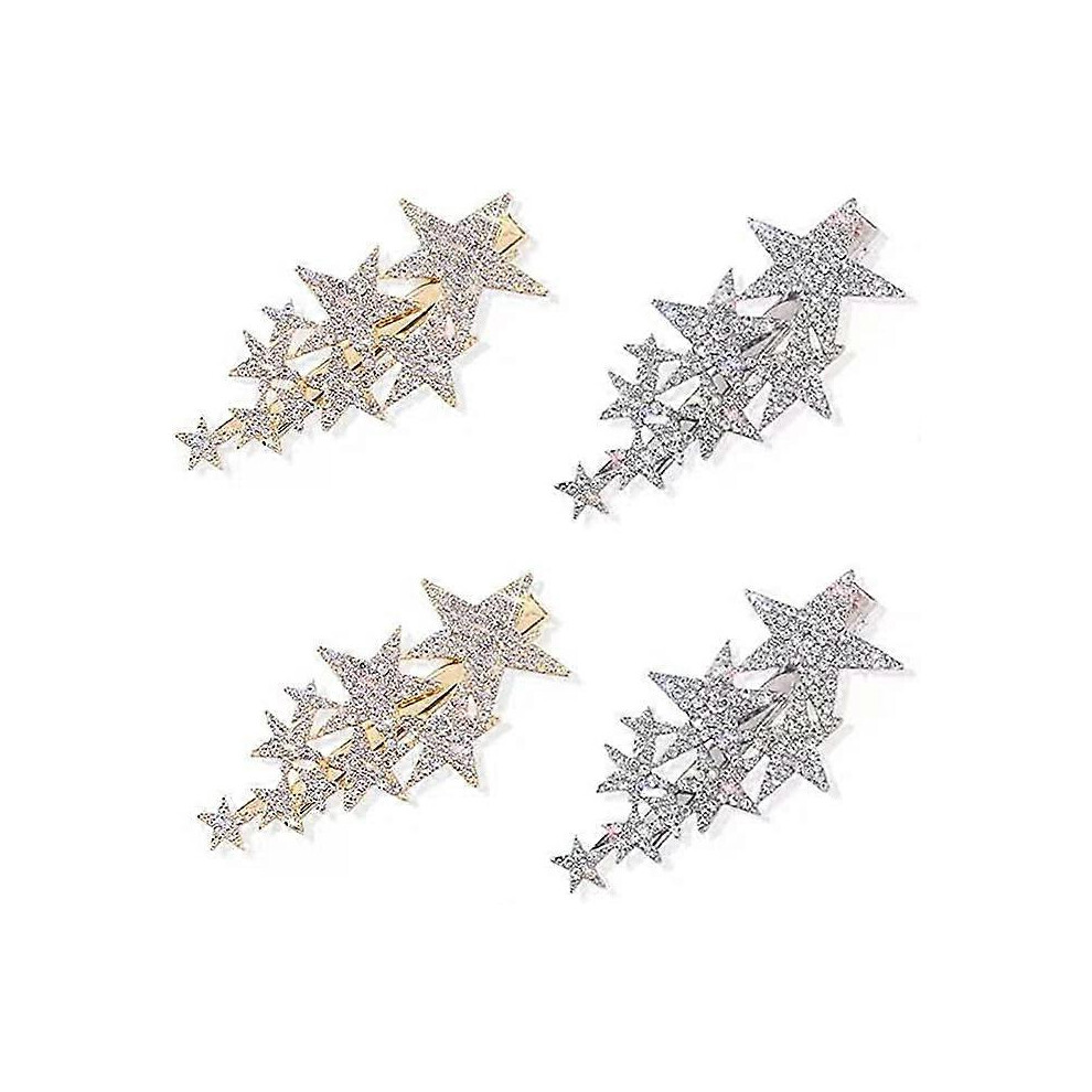 (As show, One size) 4 star shaped hairpins (gold and silver) pentagram shaped hairpins Elegant star shaped duckbill clip bridal wedding girl hairpins-image-OPC-PHNYSJY-NEW