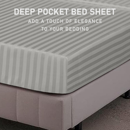 (Silver, Double 137 x190 cm) Pack of 2 Extra Deep 40cm Stripe Pattern Fitted Sheets-Wrinkle and Shrink Resistant Soft Microfiber