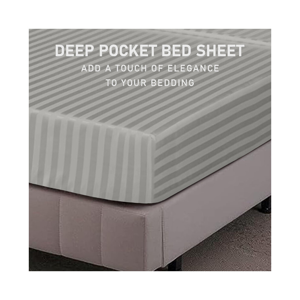(Silver, Double 137 x190 cm) Pack of 2 Extra Deep 40cm Stripe Pattern Fitted Sheets-Wrinkle and Shrink Resistant Soft Microfiber-image-OPC-PHHVJFR-NEW