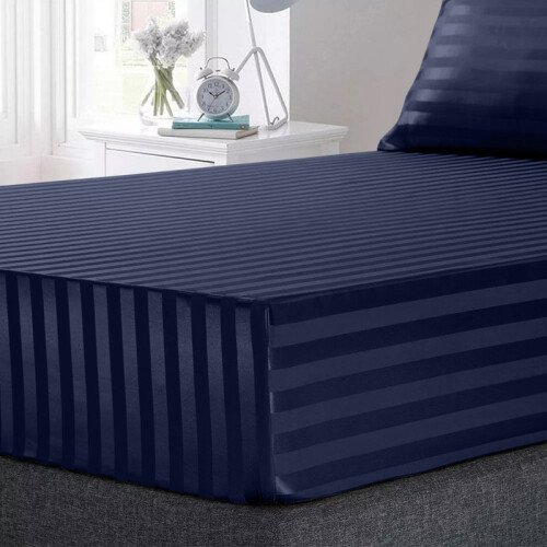 (Navy, King 152 x 200 cm) Pack of 2 Extra Deep 40cm Stripe Pattern Fitted Sheets-Wrinkle and Shrink Resistant Soft Microfiber 1