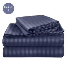 (Navy, Double 137 x190 cm) Pack of 2 Extra Deep 40cm Stripe Pattern Fitted Sheets-Wrinkle and Shrink Resistant Soft Microfiber