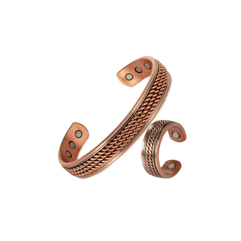 Pure Red Copper Magnetic Bracelet and Ring Set – Braided Design Wellness Jewelry