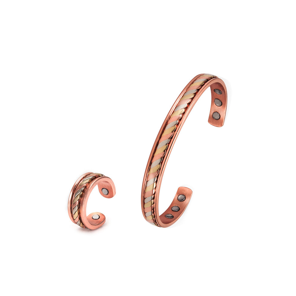 Magnetic Tricolor Copper Bracelet and Ring Set – Pure Red Copper Healing Jewelry for Men and Women